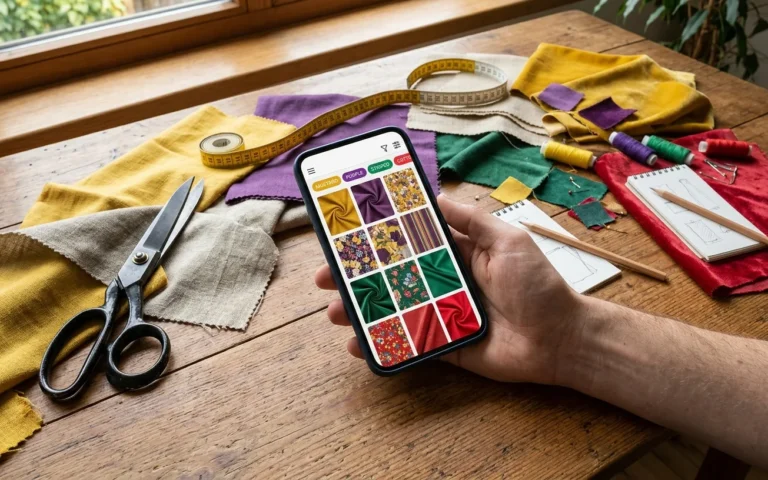Smartfon z siatką produktów sklepu internetowego na stole z próbkami tkanin