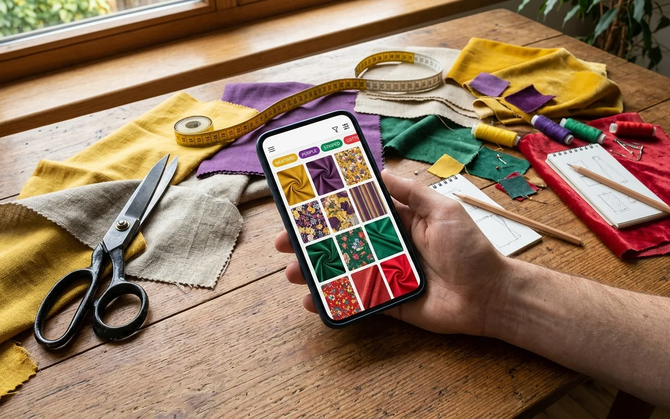 Smartfon z siatką produktów sklepu internetowego na stole z próbkami tkanin