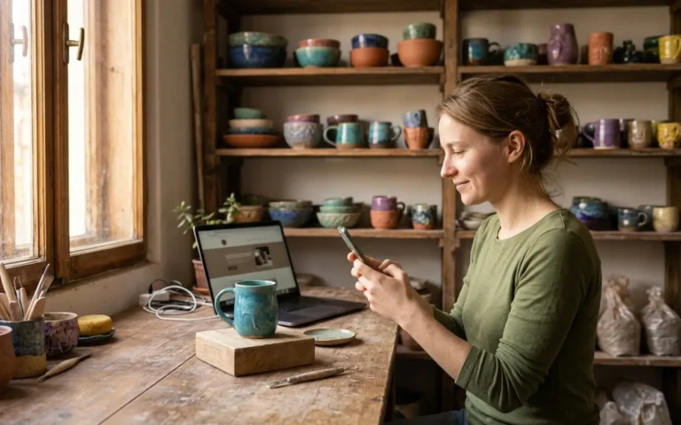 Kobieta w pracowni ceramicznej fotografuje kubek smartfonem